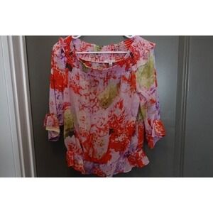 Signature Studio Floral Print Blouse Smocked Neckline Ruffle Trim 3/4 Sleeve Top